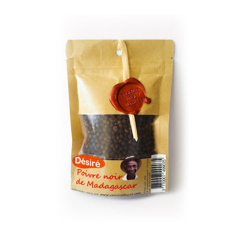 Poivre noir en grains de Madagascar 200 gr  Agriculture durable Sachet  kraft refermable.